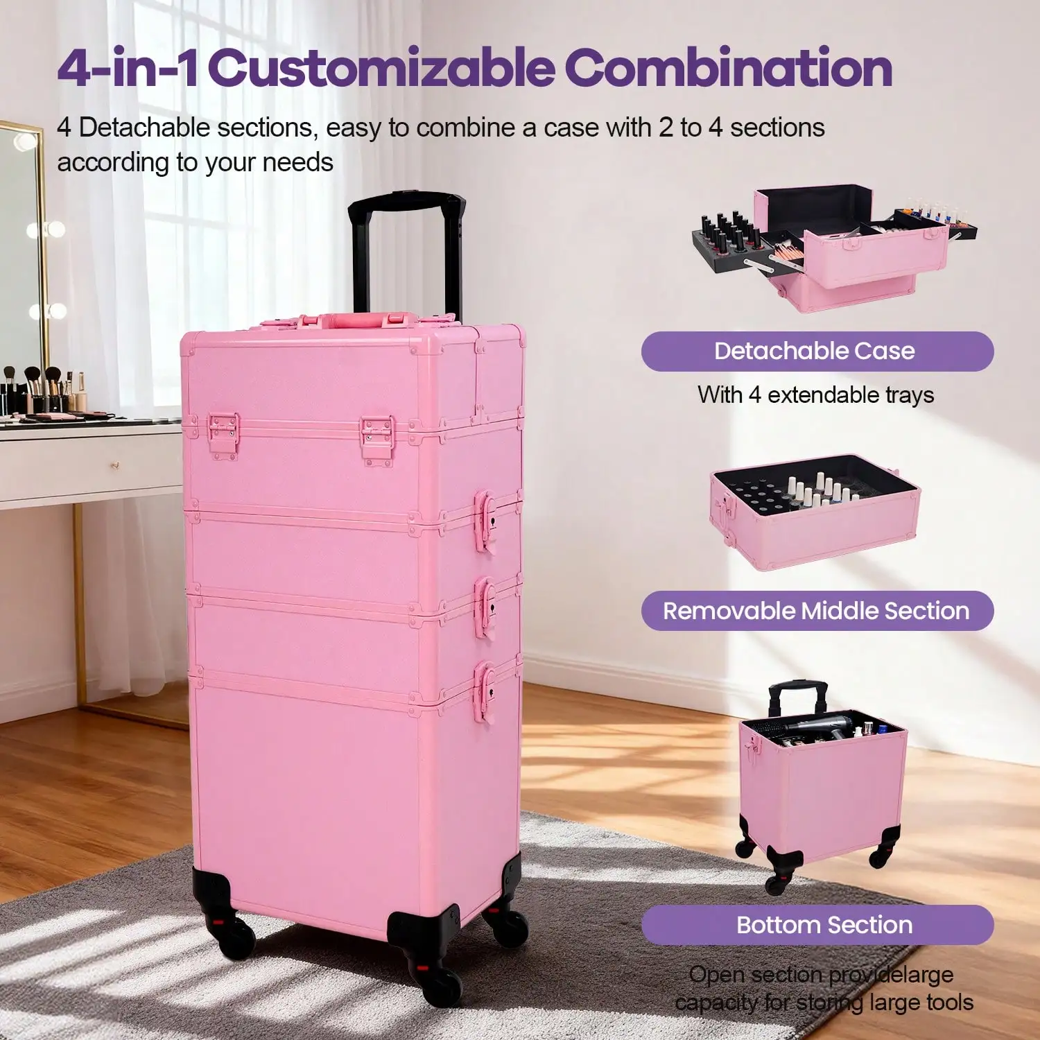 Rolling Makeup Train Case 4 in 1 Cosmetology Case on Wheels, Large Cosmetic Organizer with Lid & Lock, Professional Travel Makeup Trolley for Salon Barber, Pink view 4