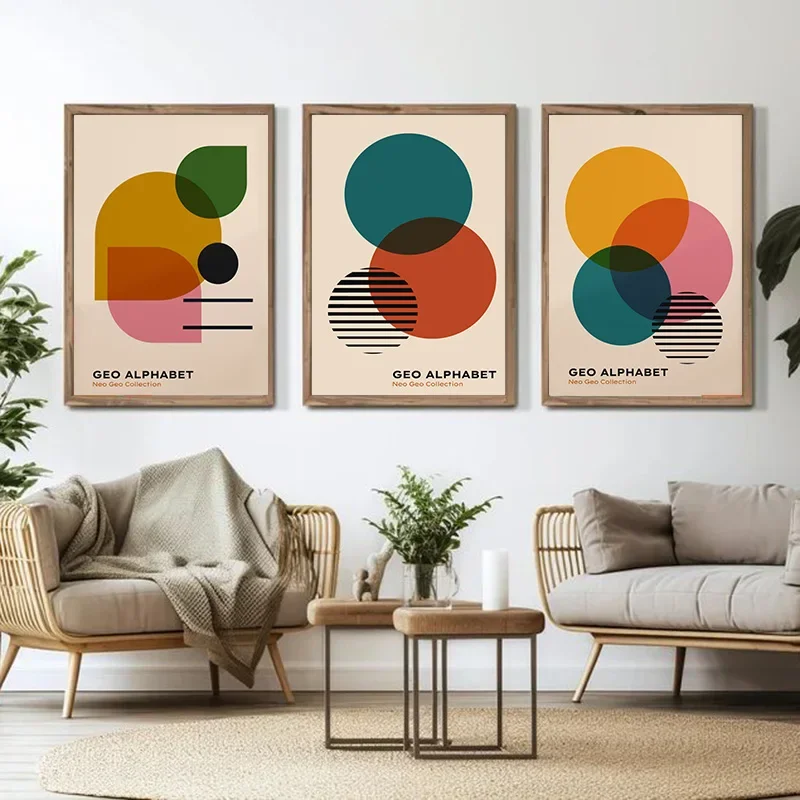 Vintage Medieval Colour Geometric Canvas Painting Bauhaus Trendy Lines Half Circle Wall Art Poster Print Pictures for Room Decor