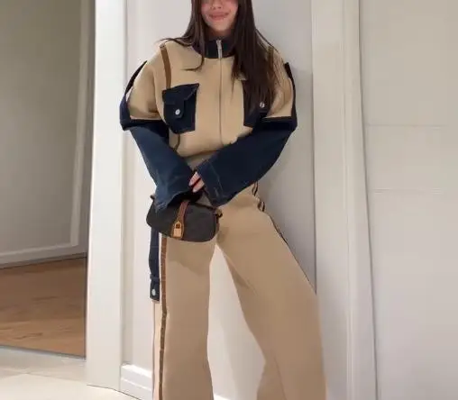 

Women's Two-Piece Set 2025 New Retro Loose Patchwork Long Sleeved Wide Leg Pants Set Fashionable Retro Casual Pants Set