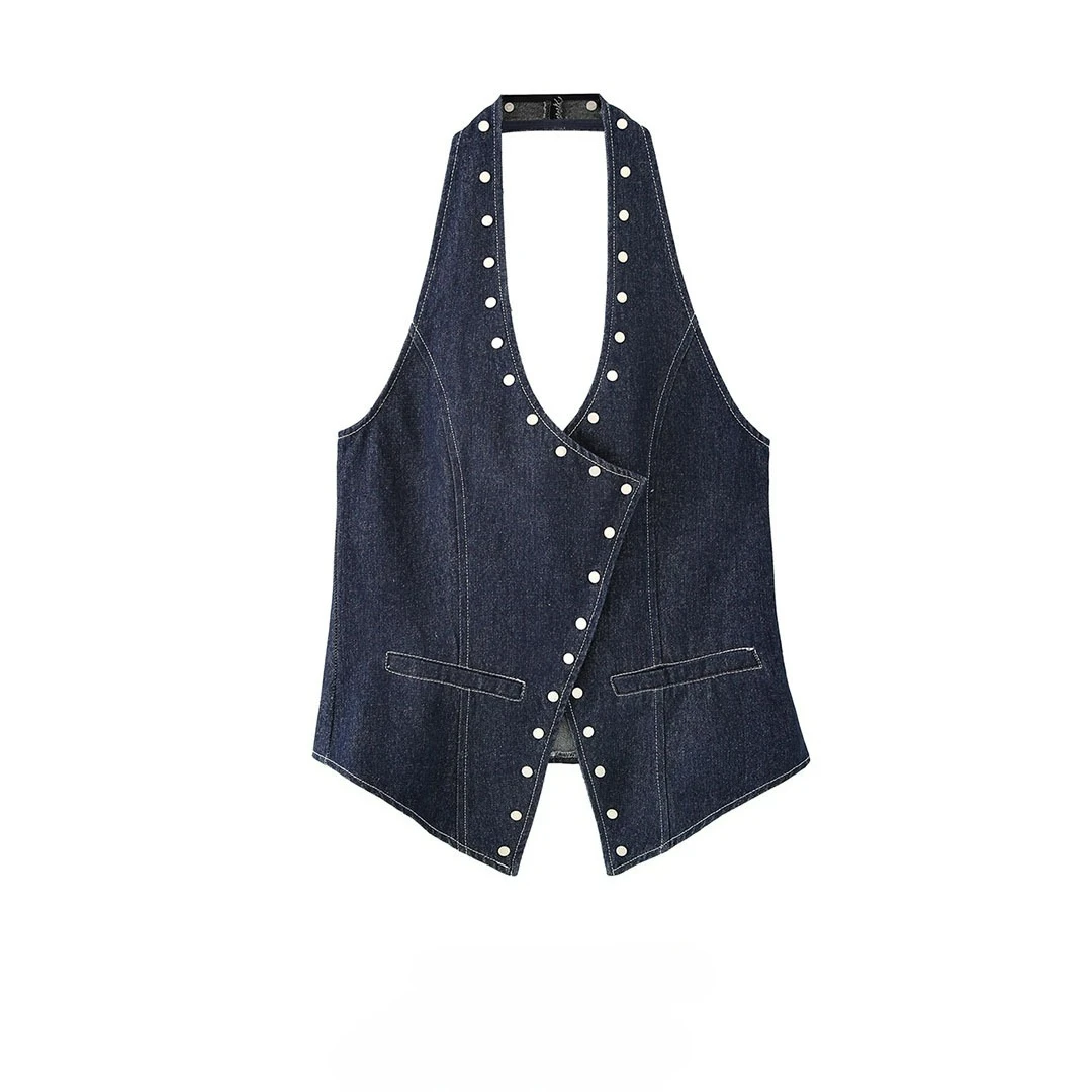 

2025 Summer New Women's Fashion Simple Rivet Decoration Bareback Cowboy Hanging Neck Top