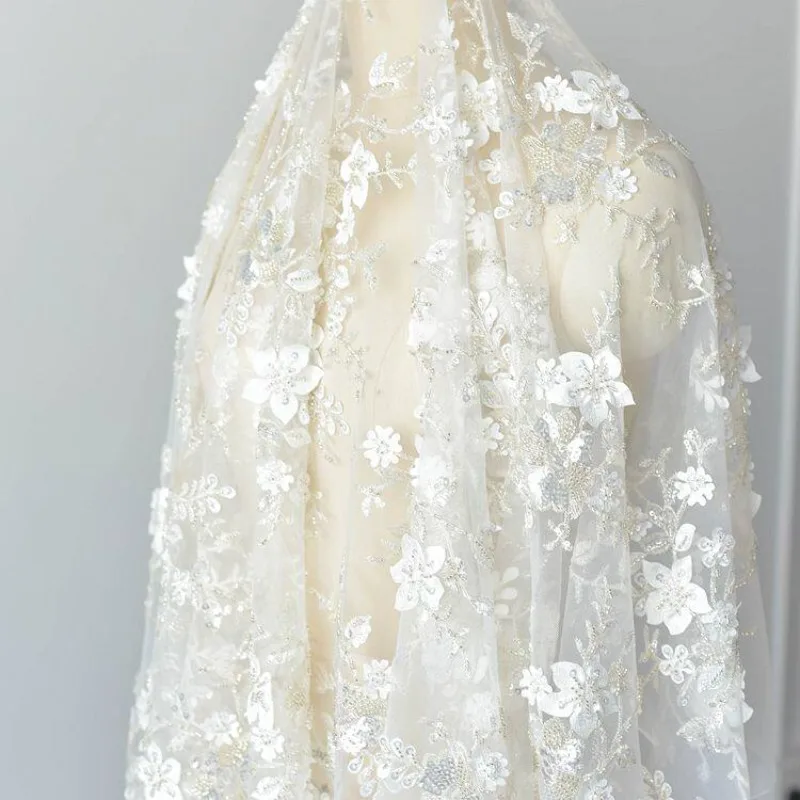 Stunning Luxury Three Dimensional Beaded Embroidered Lace Fabric For Wedding Veil And Clothing Handmade Diy Decorative Materials