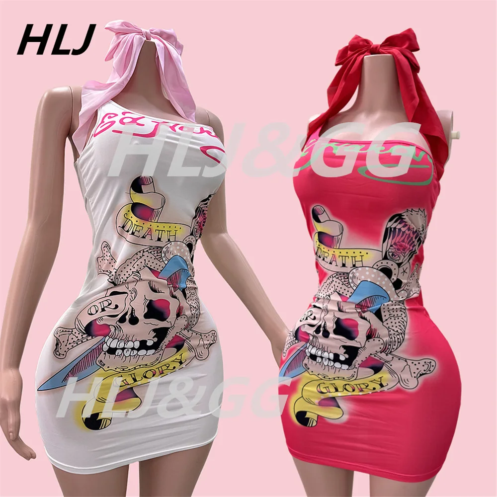 HLJ Y2K Pattern Printing Bodycon One Piece Spaghetti Strap Mini Dresses Women Sleeveless Backless Slim Vestidos Sexy Streetwear