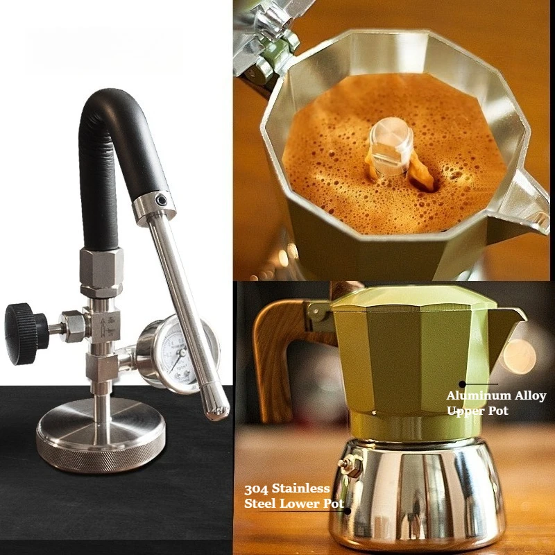 Dual Valve Moka Pot with Steam Wand Milk Frother Set 304 Stainless Steel Espresso Maker with Pressure Gauge for Home Coffee