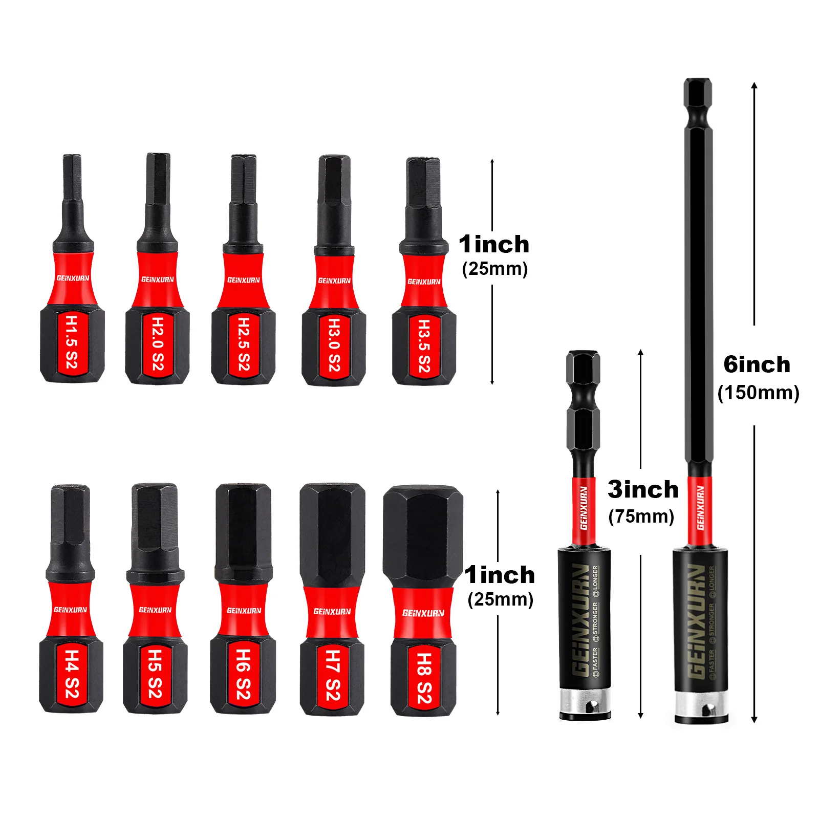 Geinxurn 1 inches Multi Hex Head Metric Insert Bits Set,,S2 Steel Hex Screwdriver Bit set with Extension Bit Holder