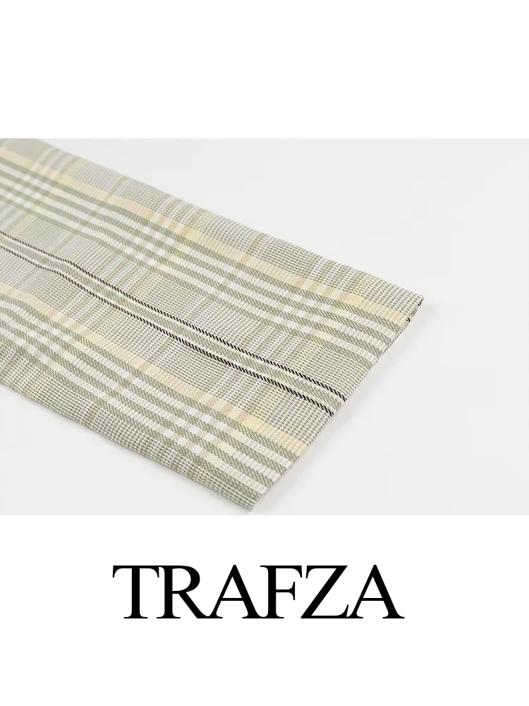 TRAFZA Weibliche Neue Frische Grün Plaid Zweireiher Blazer Frauen Drehen Unten Kragen Mit Langen Ärmeln Täglichen Pendeln Taschen Jacke