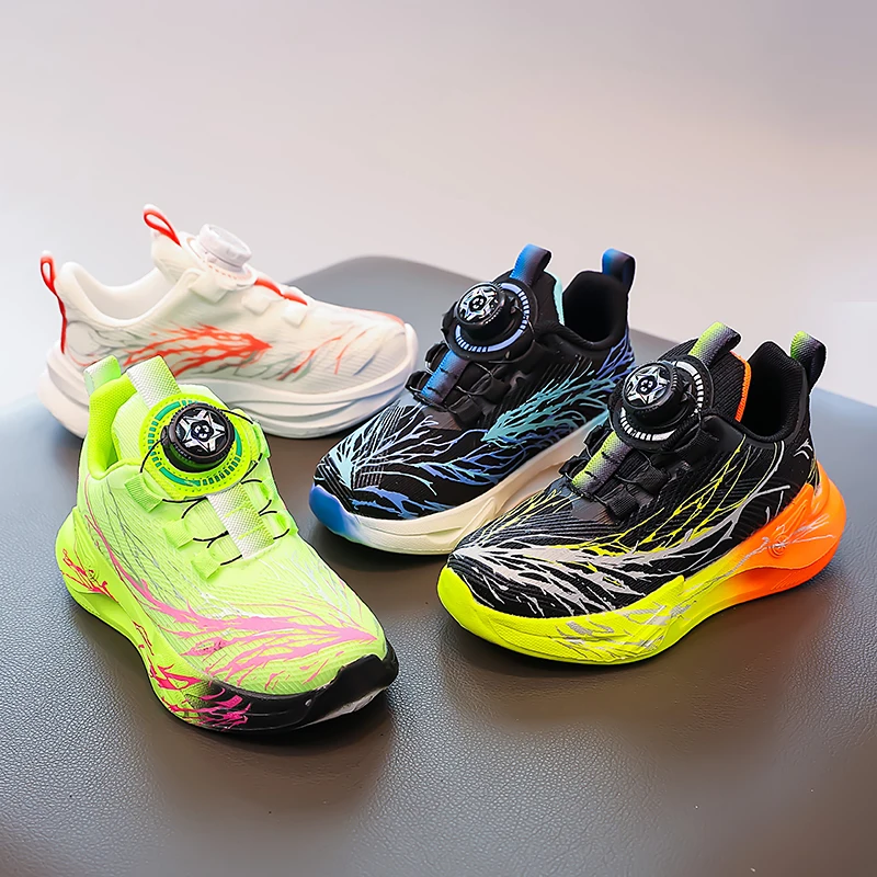 

Students Sneakers Handsome Graffiti Children Running Shoes Rotating Button 2025 Autumn New Kids Basketball Shoes Soft Bottom