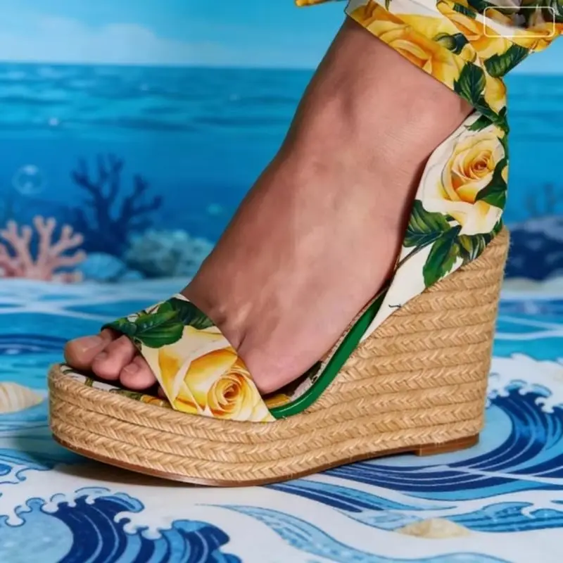 

Women Rope Wedge Sandals Yellow Rose Floral Print Satin Ankle Tie Strap Summer Platform Beach Shoes