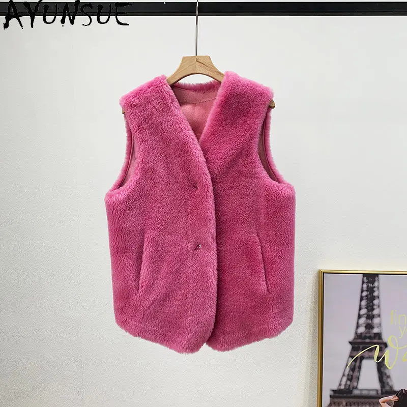 

AYUNSUE 2023 Autumn Winter 100% Sheep Shearing Jacket Sleeveless Causal Wool Vest Fur Coat Women's Coats Jackets Vestes Femmes