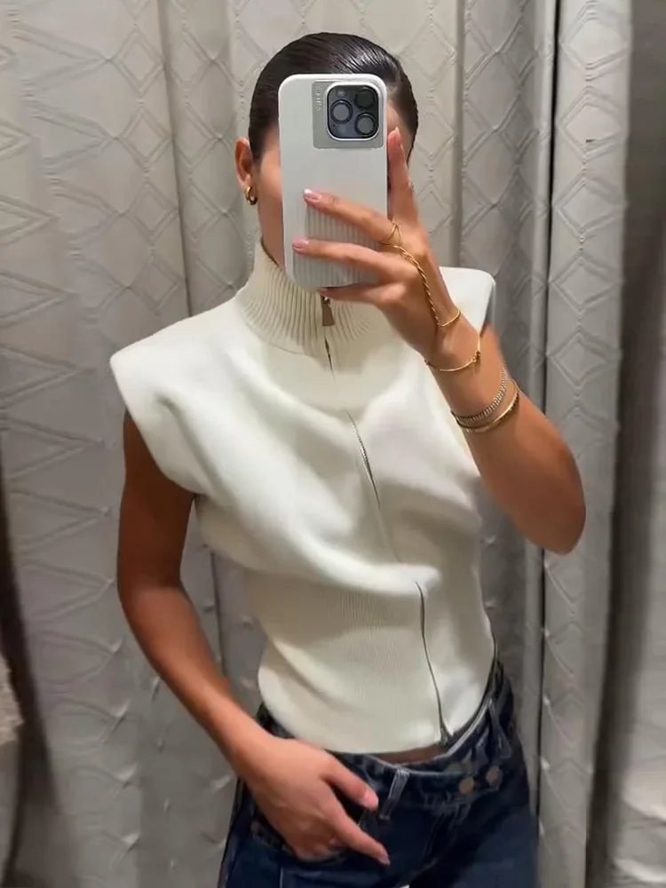 Ladies White Sleeveless Zip Up Knit Vest Mock Neck Ribbed Soft Sweater Autumn Winter Office Daily Streetwear Chic Cozy Outerwear
