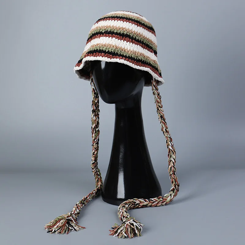 Handmade Hook Autumn Winter New Chenille Fringed Bucket Hat Women's Fashion Striped Handwoven Knitted Bucket Hat Trendy Winter