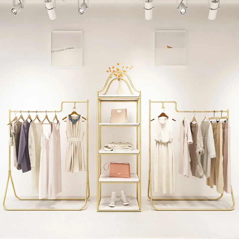 Gold Clothing Rack para Cloth Shop, Shoe Bag Display Stand, Prateleiras, Mobiliário Boutique, Personalizado