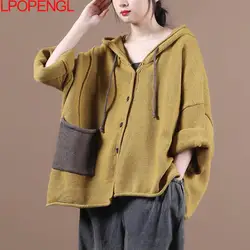 2024 maglione Patchwork manica a pipistrello autunno donna sciolto Casual maglione lavorato a maglia tutto-fiammifero Streetwear cappotto ampio con cappuccio