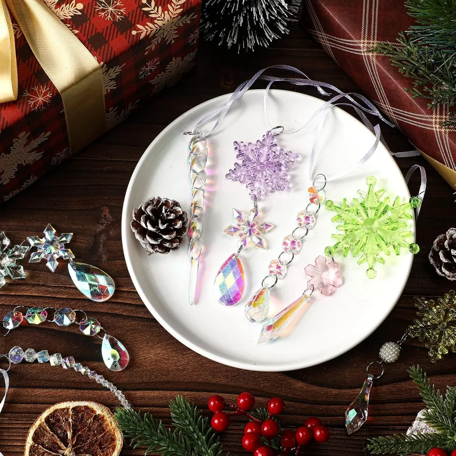 24 قطعة زينة عيد الميلاد الكريستالية لشجرة التقزح اللوني ندفة الثلج الاكريليك الشتاء حلي معلقة مع 8 أنماط ندفة الثلج Icic #4