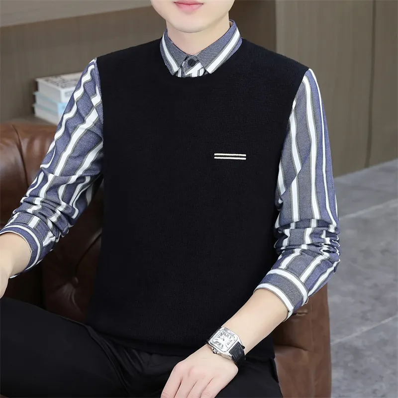 

Faionable Slim Fit мужской вязаный свитер с воротником irt в тонкую полоску, повседневный городской Sle, весна-осень, сезонный длинный све