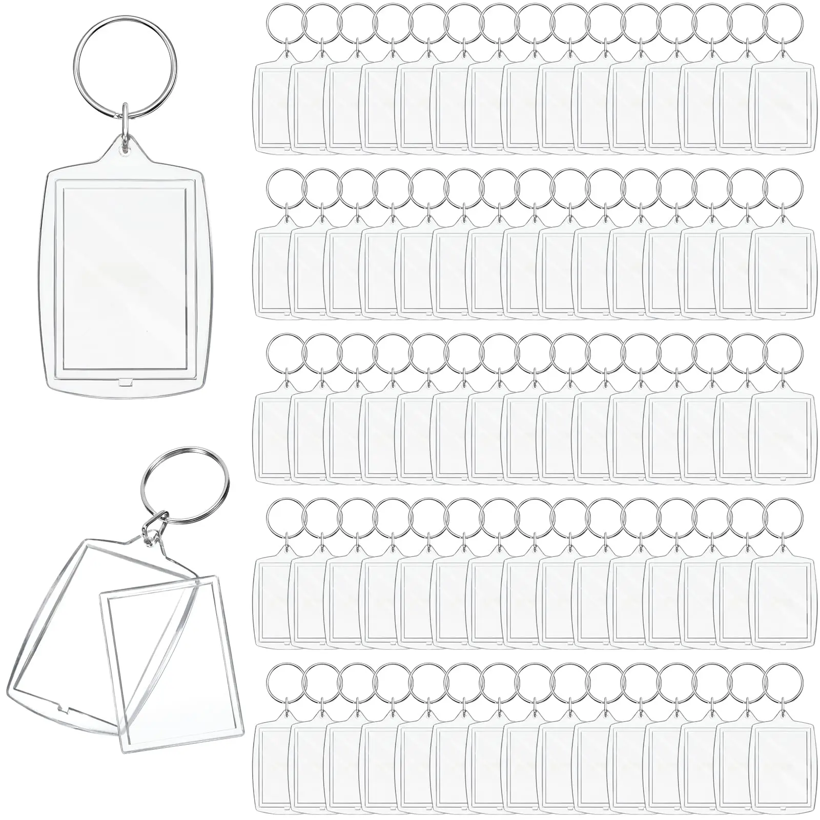 100Pcs/Set Clear Acrylic Photo Frame Keychain Blank Rectangle Photo Insert Keyrings Picture Frame Keyring With Split Ring