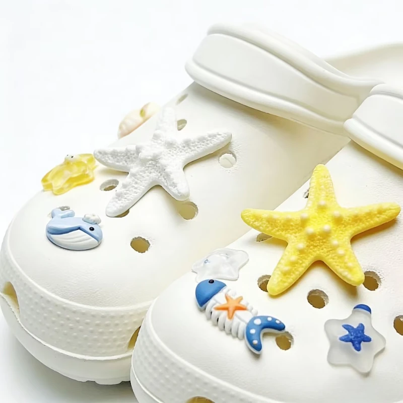 DIY Sea Shell Hole Punch Shoe Charms with Ocean Lava Rock & Starfish Clips for Summer Sandals & Slippers Women's Decorative Gift