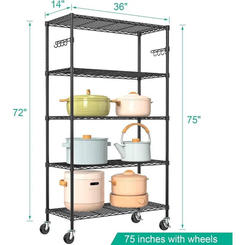 5 Tier Storage Shelves-Metal Shelves for Storage Adjustable Wire Shelving Unit Organizer Storage Rack Shelf 14Dx36Wx75H