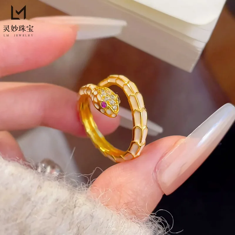 

9999 24K real gold luxury jewelry enamel color dot diamond white snake ring spirit snake wrap ring niche gift girlfriend