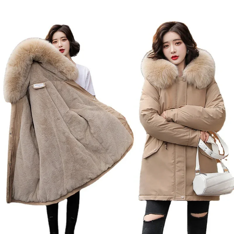 

Women Parka Fashion Long Coat Winter Thick Warm Hooded Jacket Fur Collar Snow Wear Padded Wool Liner Casual Belt Slim Clothes