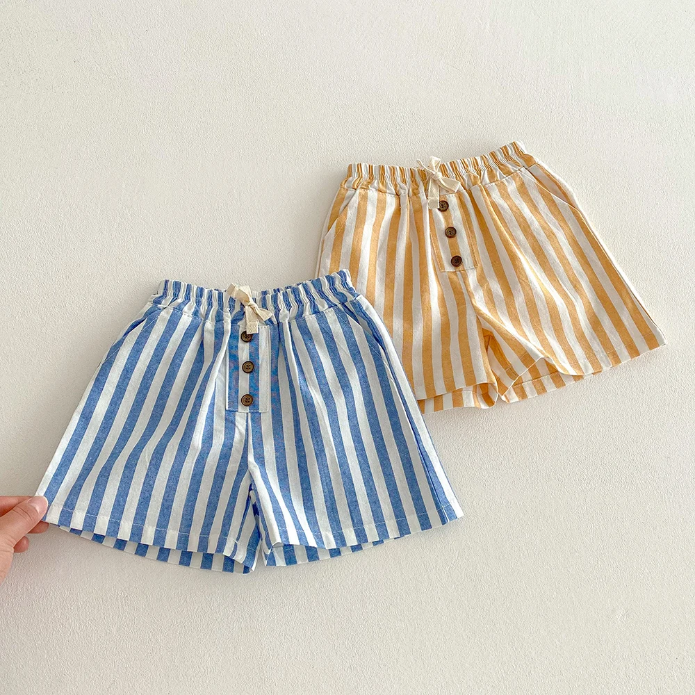 Sommerliche klassische Shorts für Jungen, gestreifte Shorts, elastische Taille, lässige Knöpfe, Taschen, kurze Babyhosen für Kleinkinder, Jungenkleidung – Detail 3
