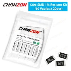 60 valores x 20 piezas SMD 1206 resistencias juego surtido 1200 piezas 0ohm - 10M Ohm 1/4W Watt 1% Kit de resistencia de chip de película de alta precisión