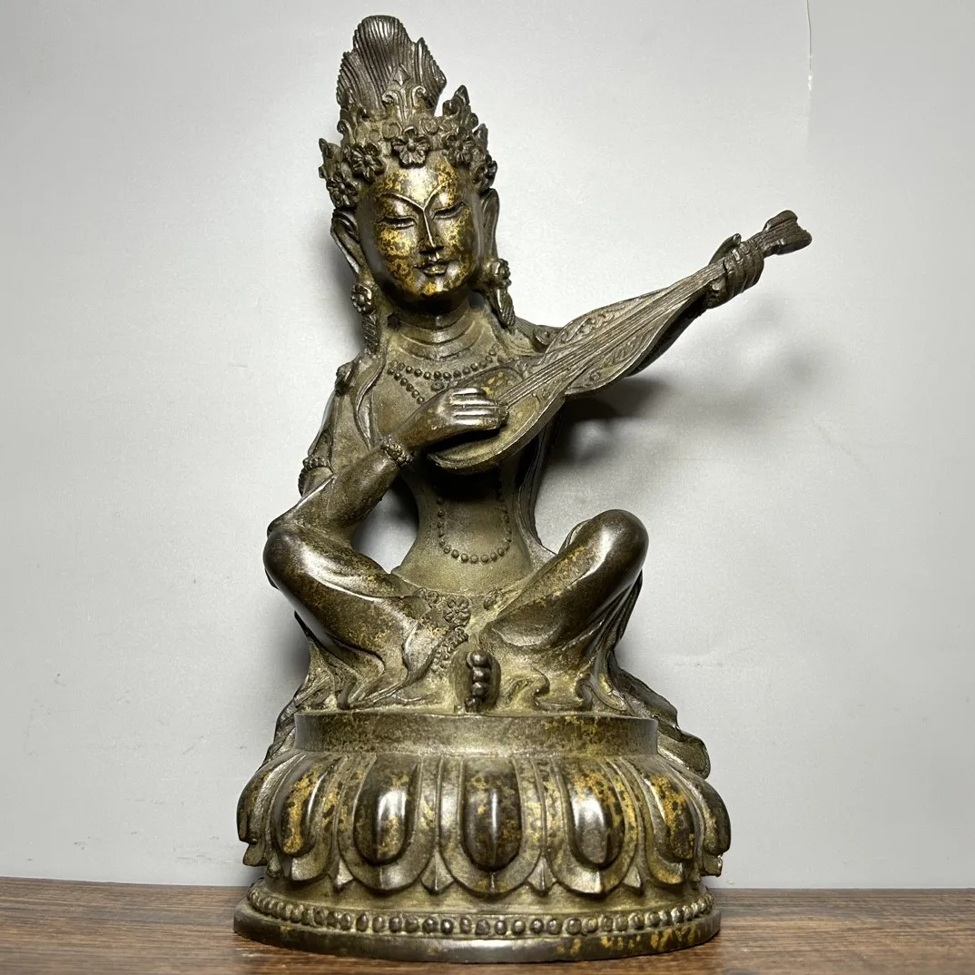 Тибетская старая бронзовая Будда, грязь из чистой меди, Золотая окрашенная Miaoyin Tiannu статуя Гуаньинь Будды, товары для зала Будды, 22 см