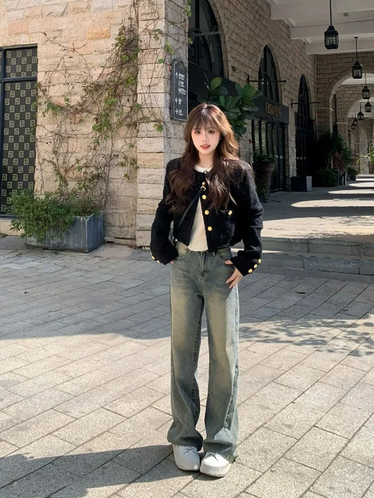 

Прямые джинсовые джинсы с высокой талией, женские весенне-осенние 2024, новые свободные широкие брюки в американском стиле ретро High Street