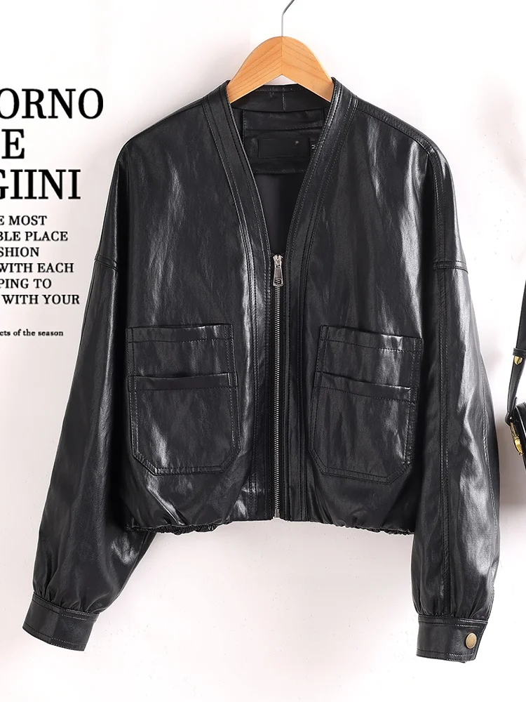 

Ning Genuine Leather Jacket Women's Short Sheepskin Cool Style Loose Slimming Biker Coat Casual Loose Fit Fashion