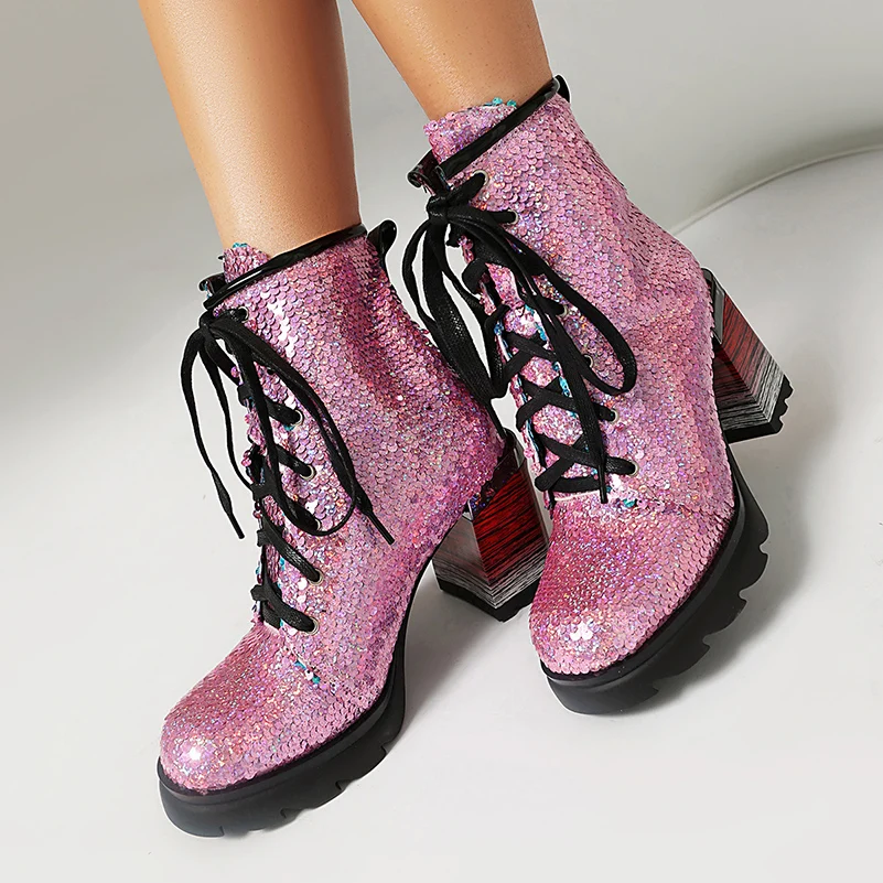 Women Ankle Boots Round Sequins Sequined Cloth Lace Up Striped Block Heel Platform Sparkly Y2K Punk Club Party Short Boots Plus
