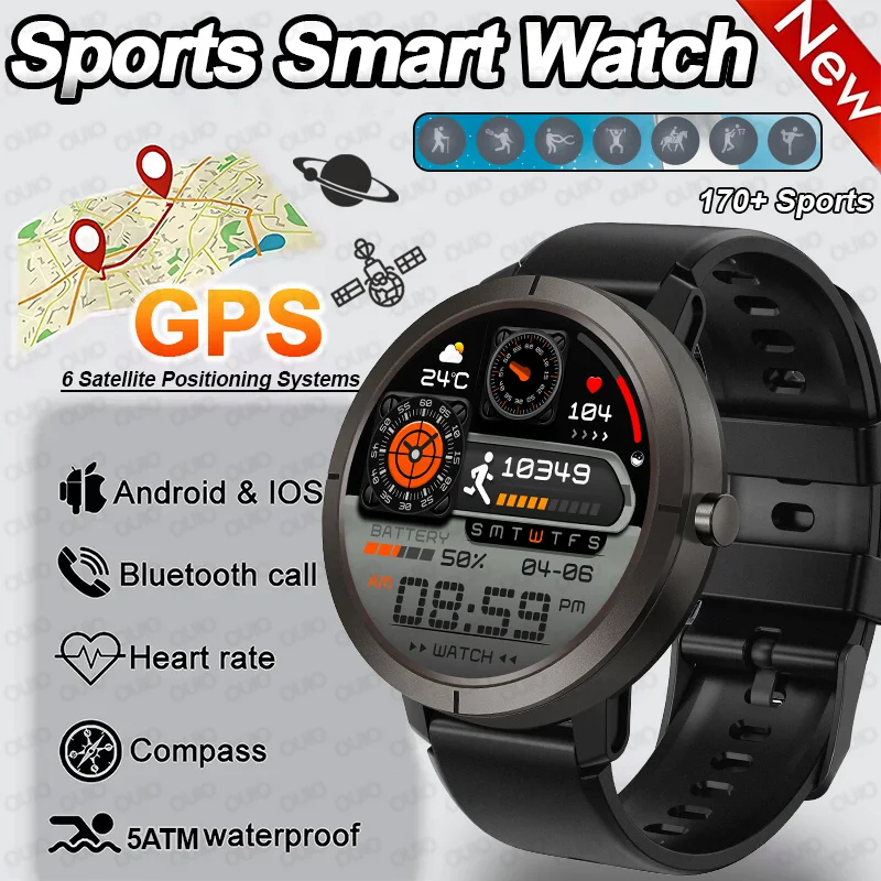 

Новые GPS-смарт-часы 170+ спортивных режимов, компас, барометр, высота 5 АТМ, водонепроницаемые, с несколькими циферблатами, пульсометр, BT Call, мужские умные часы