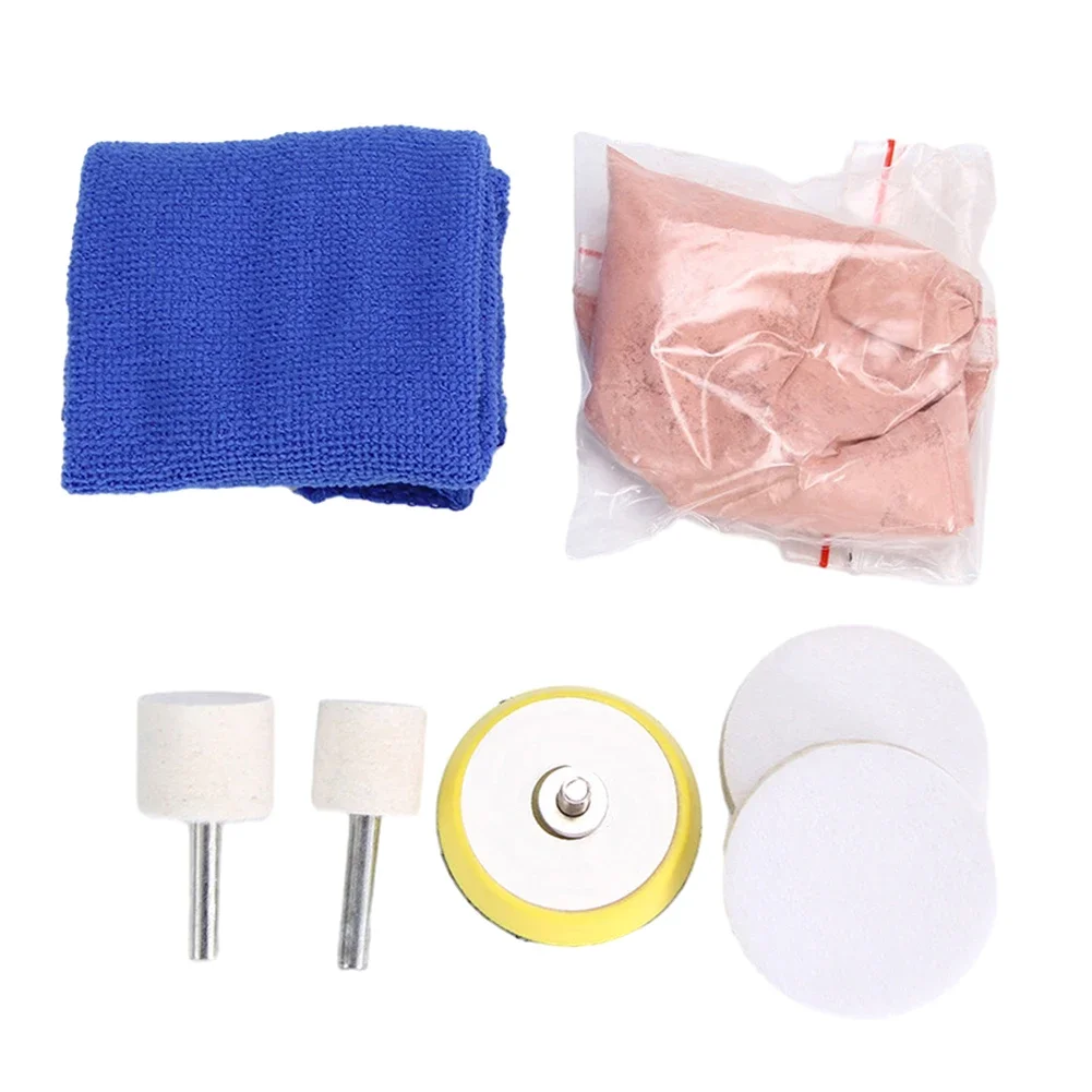 Kit de polvo para pulir vidrio, 8 Uds., 50g, óxido de cerio, eliminador de arañazos para parabrisas de coche, rueda de pulido de fieltro de lana, Kit de pulido de vidrio