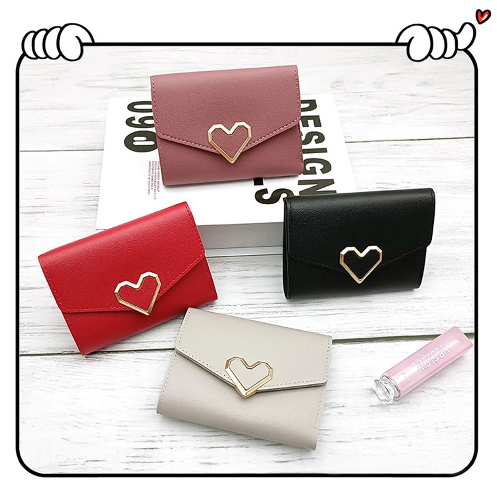 Fashion Short Wallet Women's Love Heart Small Trifold Wallet Female Simple Coin Purse Korean Students Lovely Purse Clutch Bag