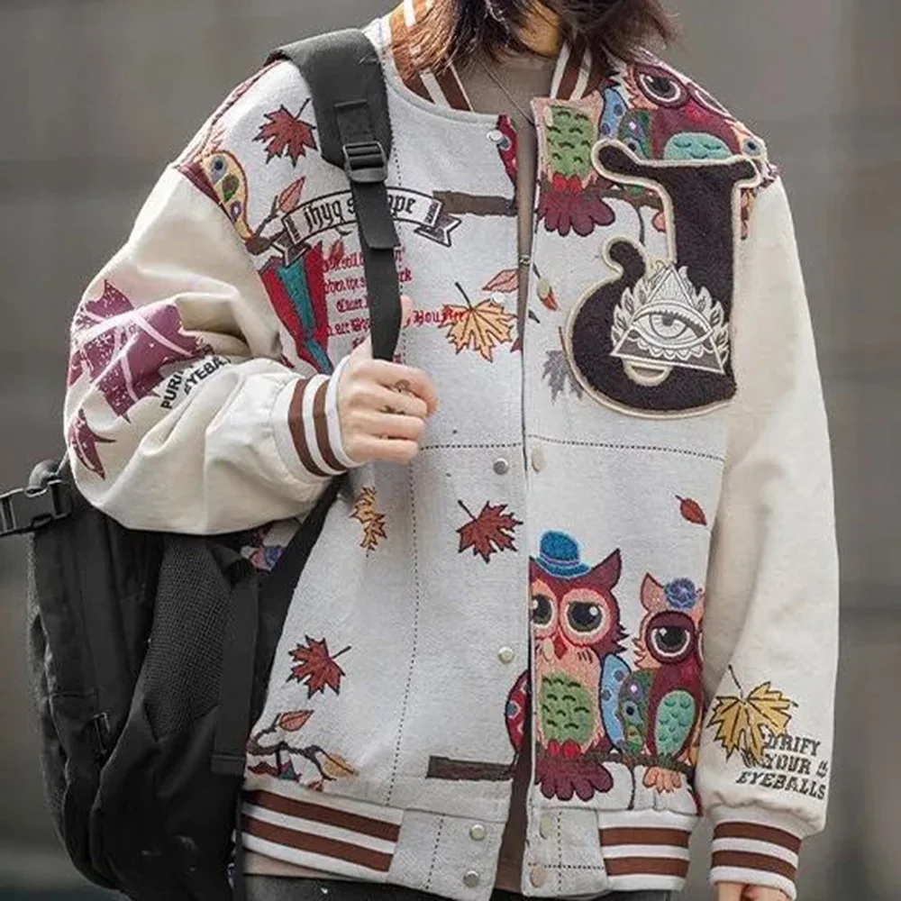 Y2K Jacket Funny Cartoon Style Embroidery Jacket Retro Patches American Autumn Campus Streetwear Fashion Baseball Unisex Jacket