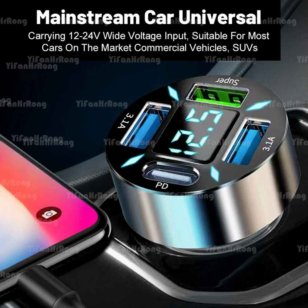 ที่ชาร์จในรถยนต์แบบ USB 4 พอร์ต ชาร์จเร็ว PD Quick Charge 3.0 อะแดปเตอร์ชาร์จโทรศัพท์ในรถยนต์แบบ USB C สำหรับ iPhone 13 12 Xiaomi Samsung