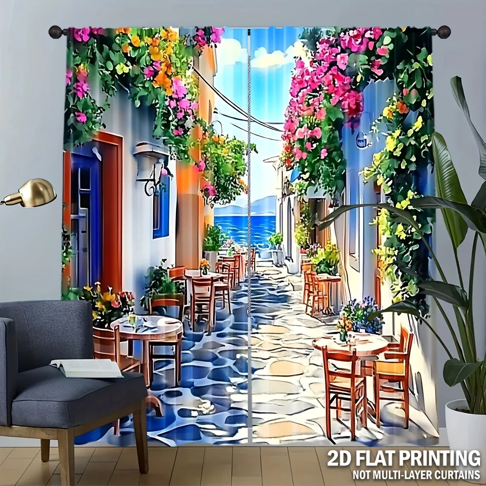 Vibrant Mediterranean Street Curtains Indoor Window Decoration Bohemian Style Italian Village Travel Scene Coastal Photo Mural P