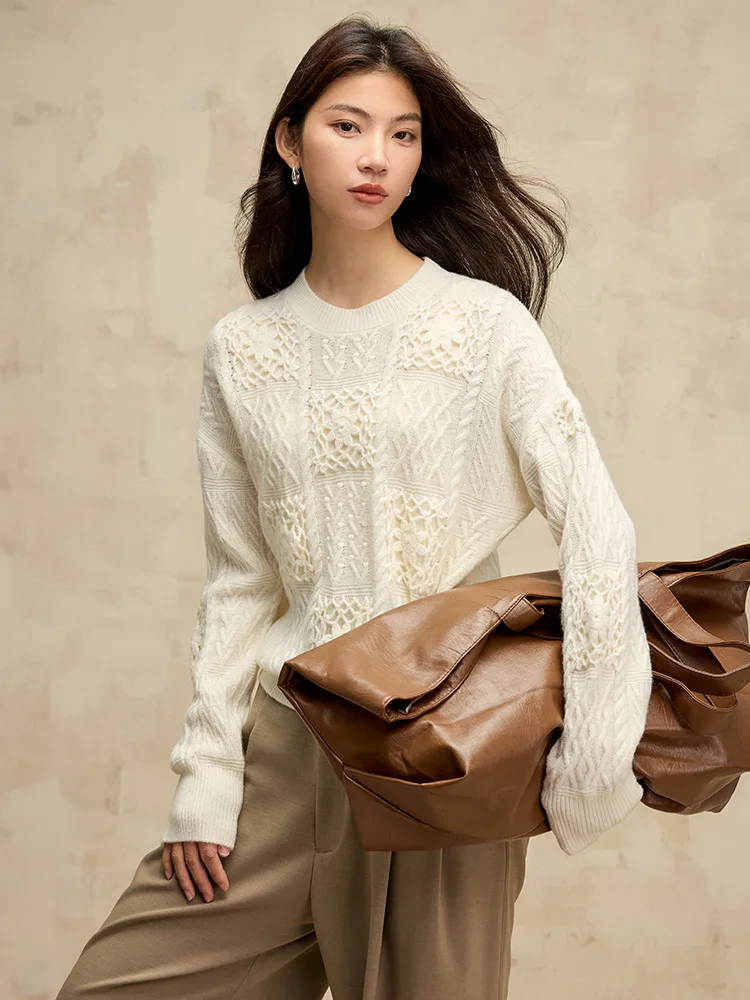 SuyaDream, Women  Pullovers, 100%Sheep Wool, O Neck, Handmade hook flower Sweaters, 2024 Fall Winter Warm Top, White, Grey