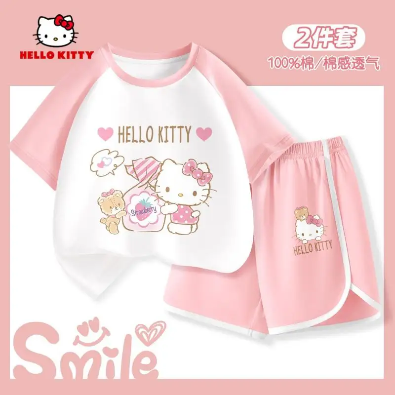 سانريو مرحبا كيتي فتاة الصيف دعوى القطن الخالص تي شيرت السراويل الكرتون الطباعة الراحة ملابس الأطفال Kawaii نمط جديد حار