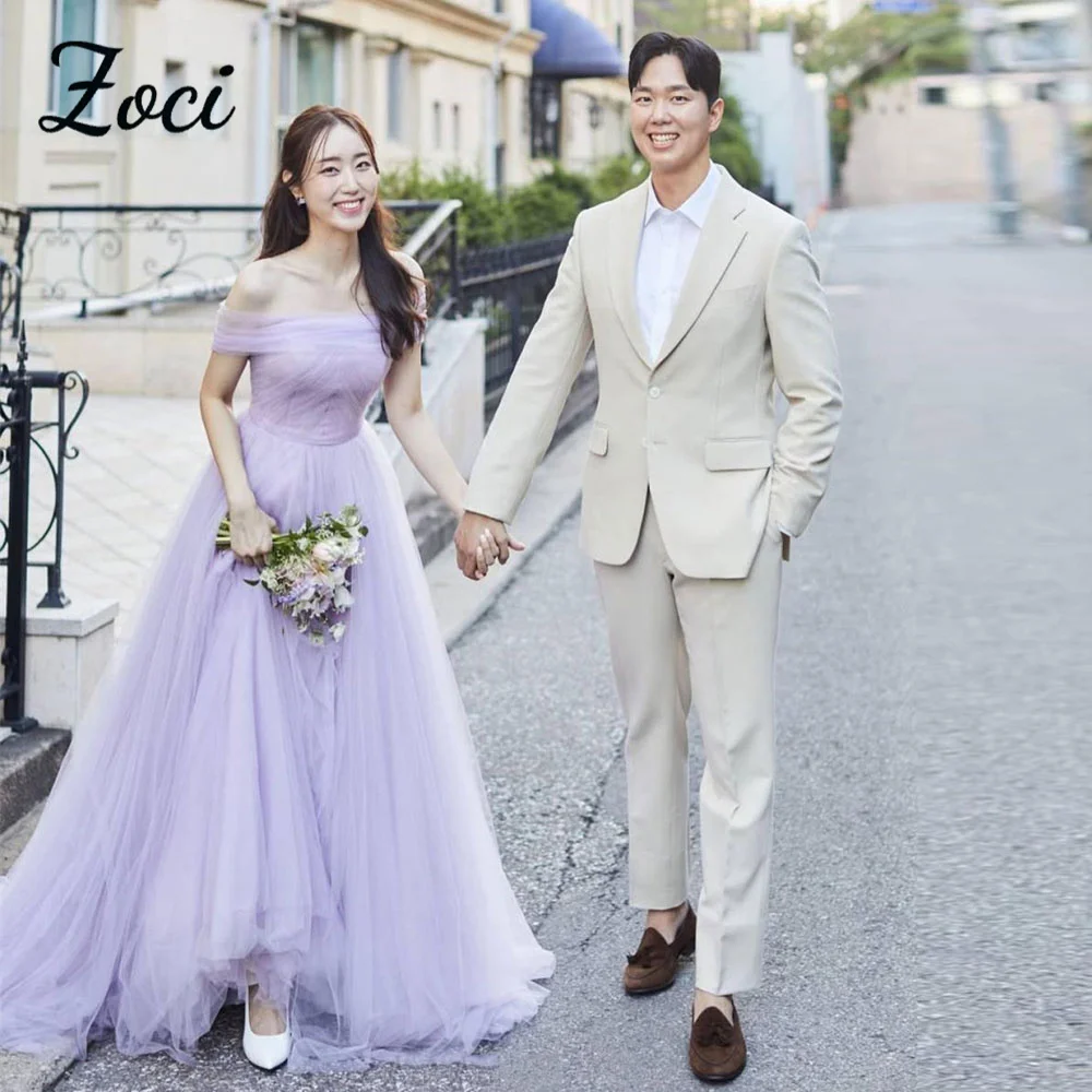 

Zoci Elegant Lavender Korea Wedding Dresses Strapless A Line Photo Shoot Dress with Shoulder Cape Customized Formal Party Gown