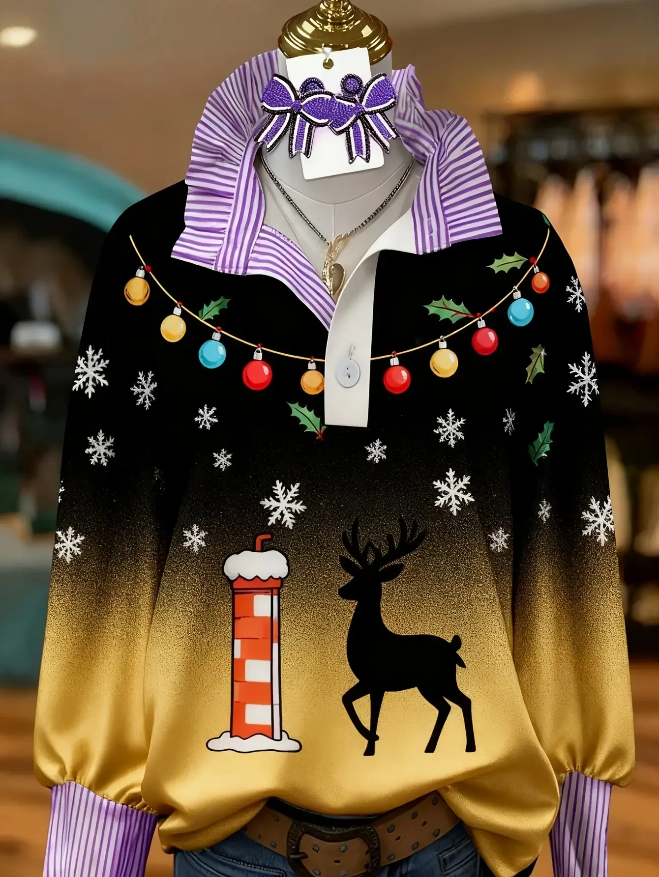 

Autumn winter women's standing collar shirt with long sleeves,Black gold gradient shirt with colorful lights embellishment