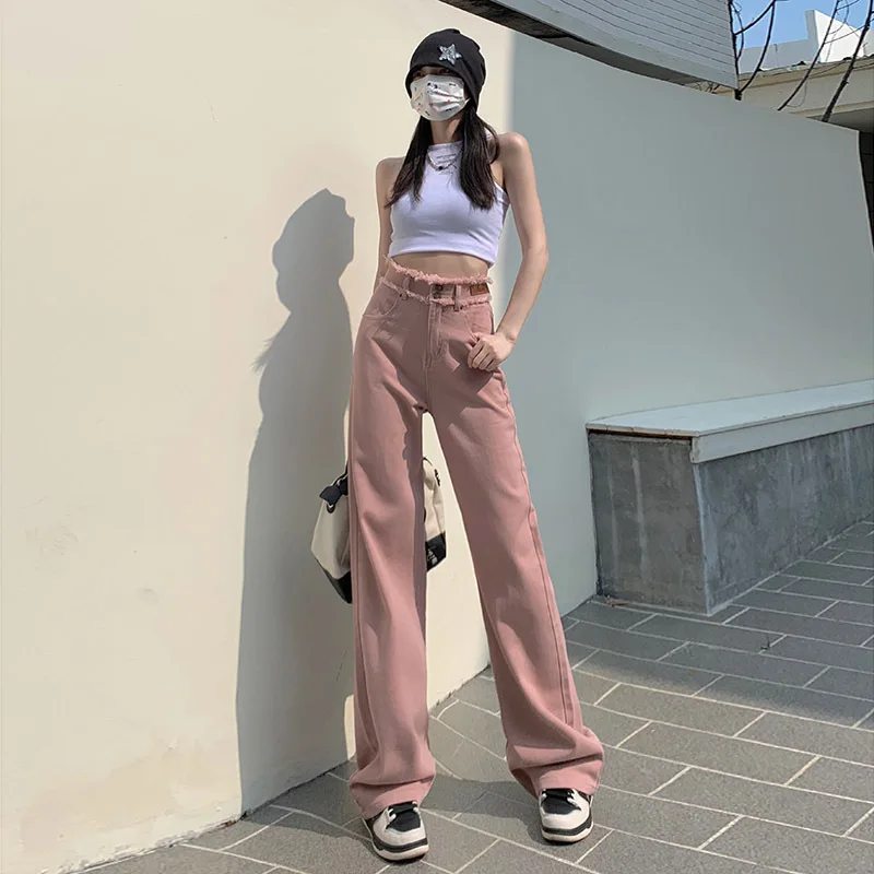 

Wide Leg Jeans Women's Spring Summer Pink Color Ins Straight Loose Elastic Waist Casual Streetwear Baggy Trousers Famale Z217