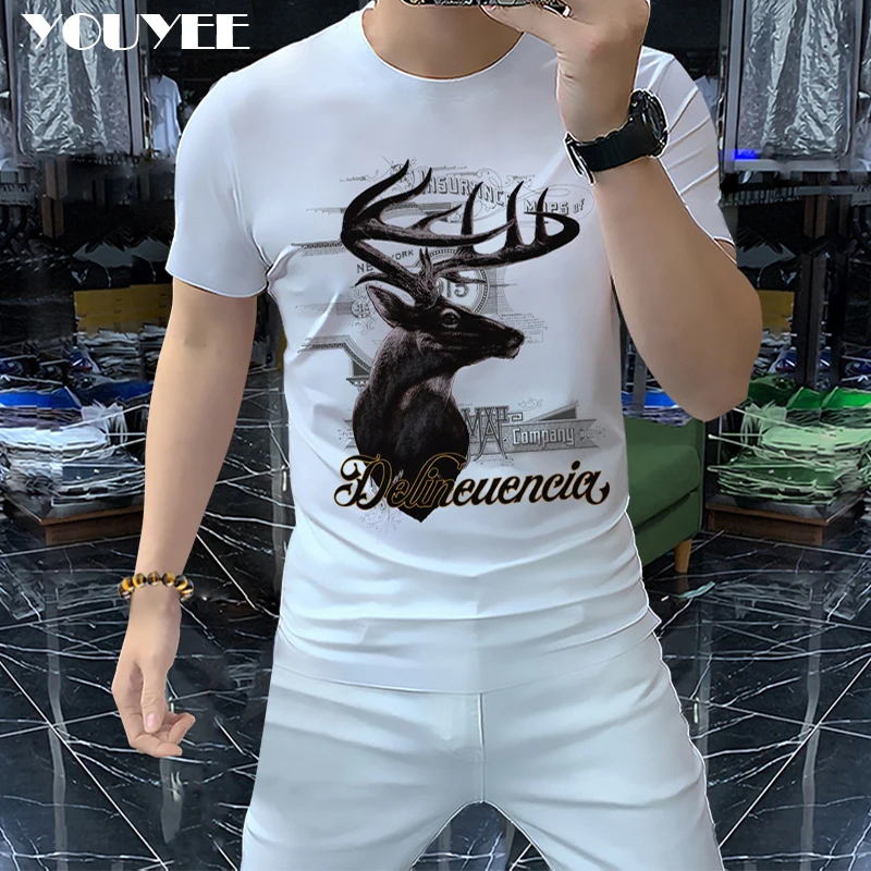 Summer New Design Men\'s T-shirt Deer Printed Fashion Male Mercerized Cotton Tees Comfortable High-quality Man Top Green Clothing