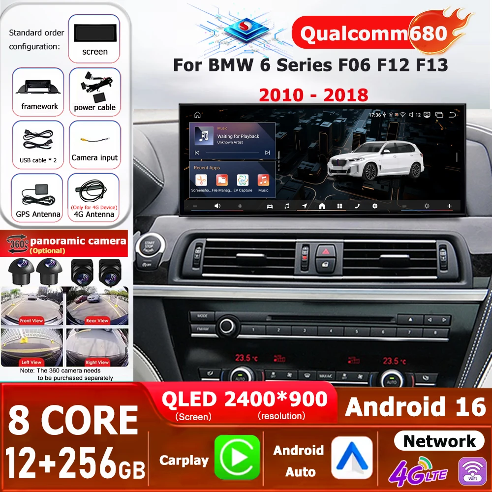 Sistema Multimedia para Auto con Carplay y Android 16, Pantalla de 12.3 Pulgadas para BMW Serie 6 F06 F12 F13 2010-2018, Sistema EVO NBT CIC, Navegación GPS