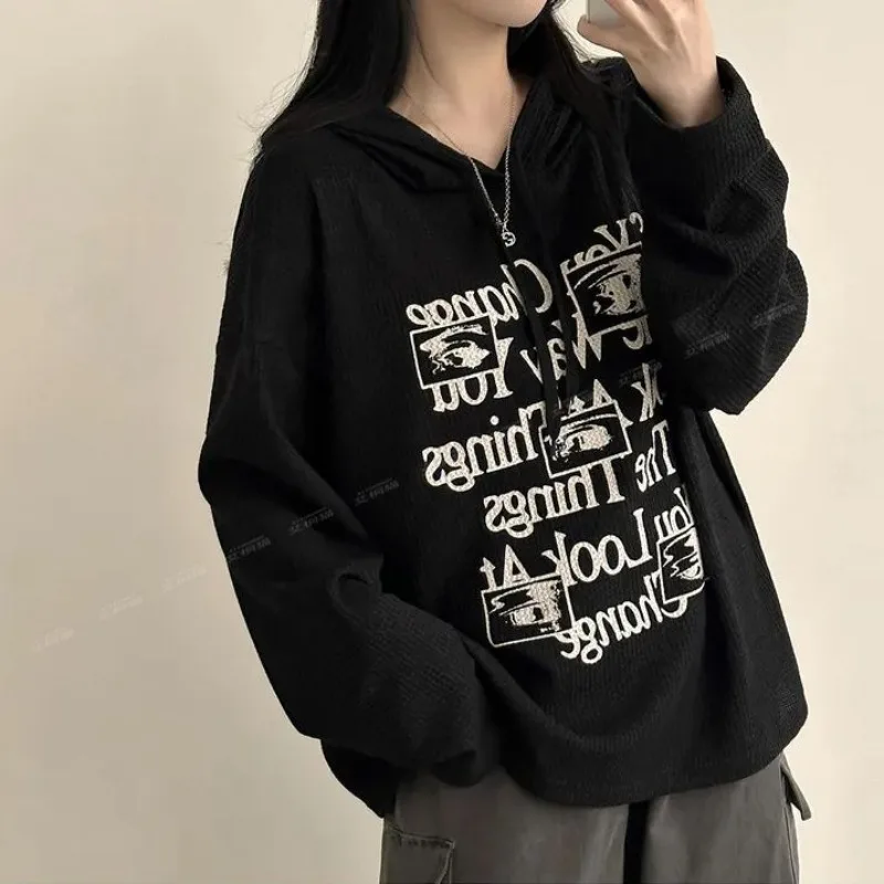 Sudaderas con capucha informales con estampado de letras para mujer, Tops sencillos y holgados de manga larga, sudadera de calle estética Y2k, Otoño e Invierno