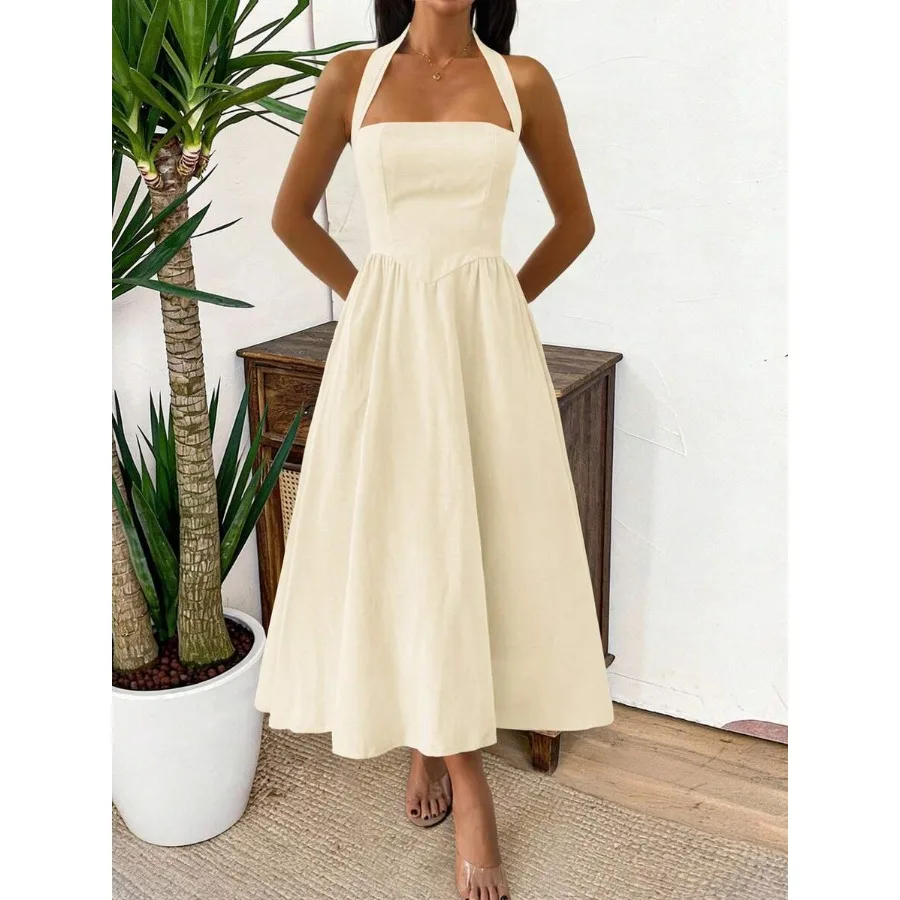 

【New style】Women's Spring/Summer Sleeveless Zipper Pleated Dress, Casual Elegant Style, Suitable For Beach, Vacation, Date, Mus