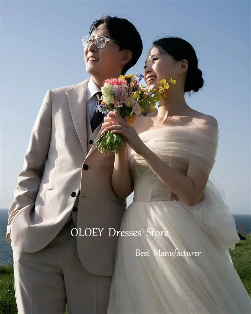 OLOEY-vestidos de novia de tul amarillo claro, vestido de noche, corsé sin tirantes, espalda, sesión de fotos, Corea