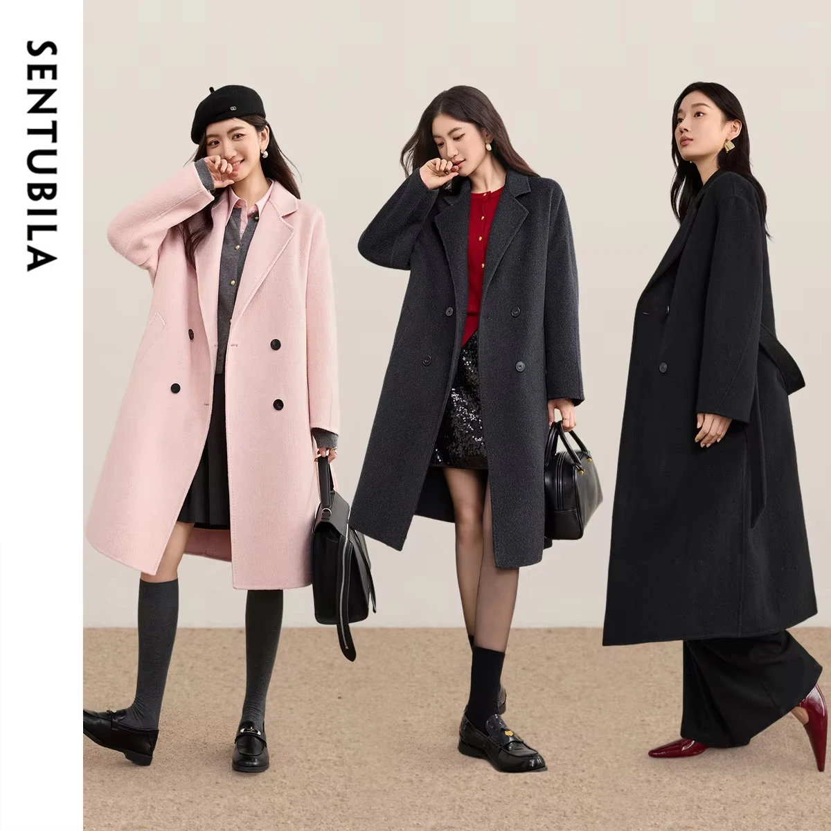 SENTUBILA Women Midi Wool Coat Double Breasted Belted Notched Lapel Outerwear 2026 Winter New Commute Ladies Overcoat W54OA8785