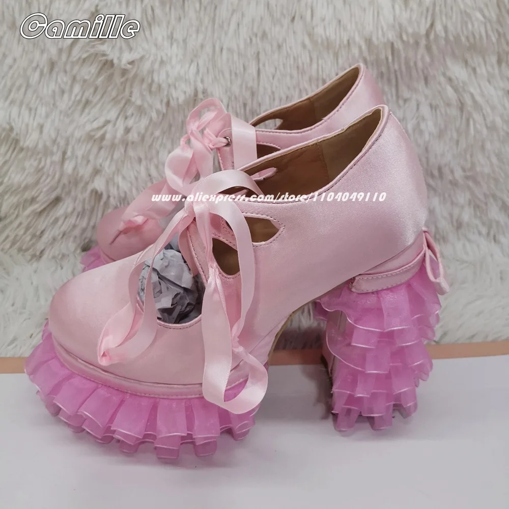 Pink Laciness Front Lace Up Thick Sole Lolita Pumps Mary Jane Size 36-47 All-Match Causal Shoes Silk Platform Sweet Pumps