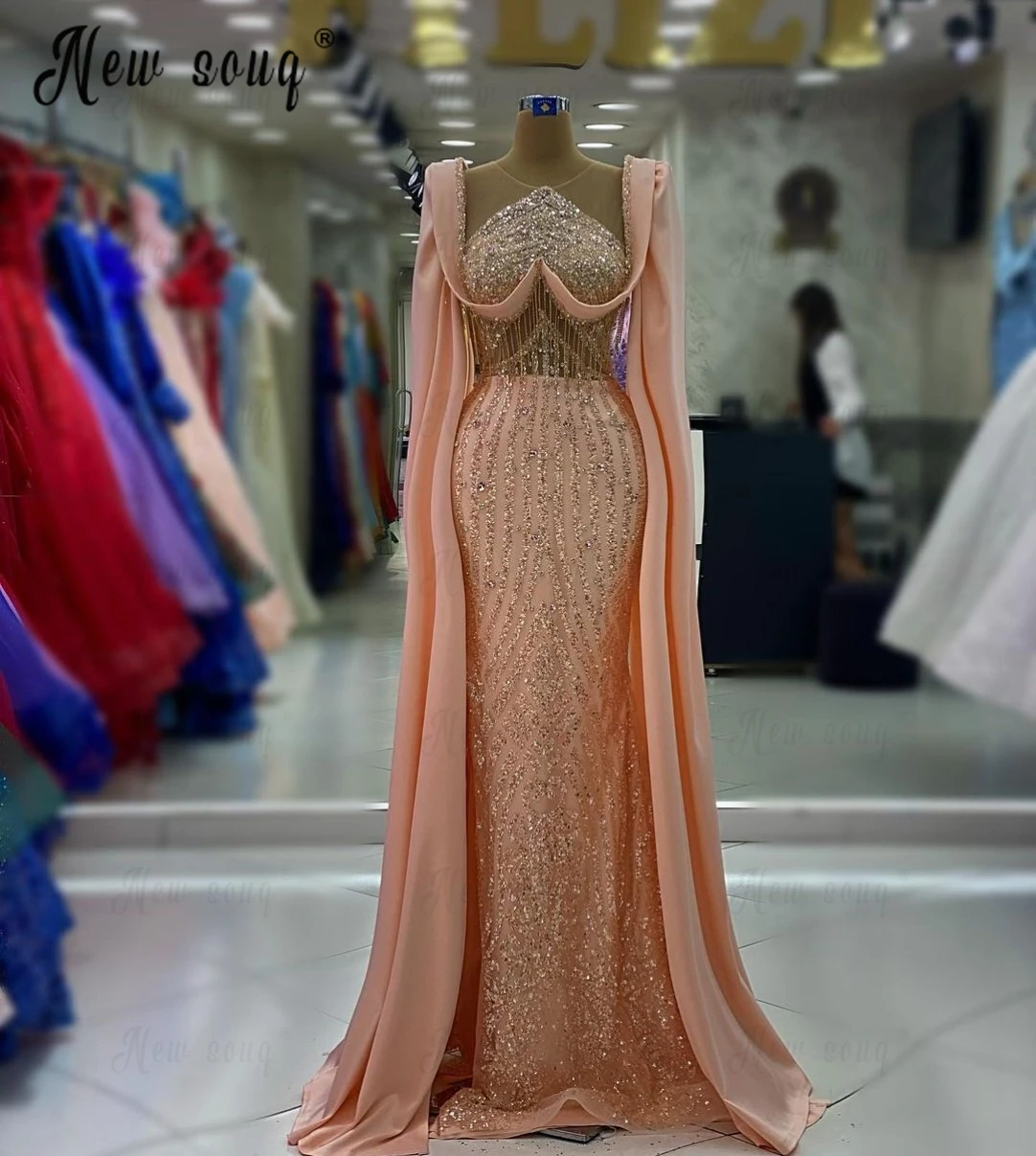 

Pink Long Cape Sleeve 2024 Evening Dress Sparkly Beading Tassels Wedding Party Gowns Formal Occasion Dresses Robe Soirée Female