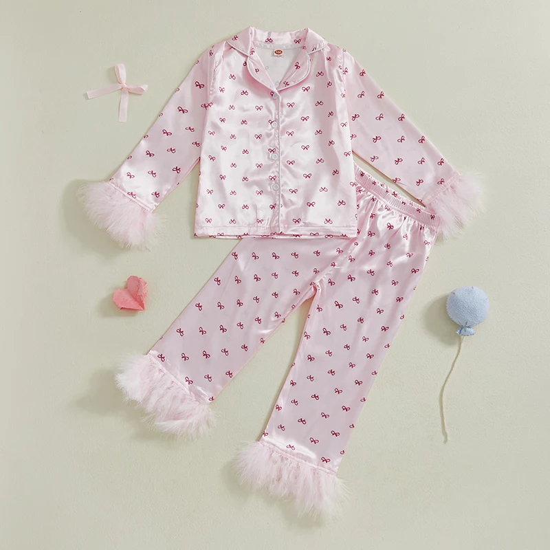 

Kids Girls Satin Pajama Sets Long Sleeve Lapel Push Cuff Bow Print Shirt Tops Long Pants 2 Pieces Sleepwear