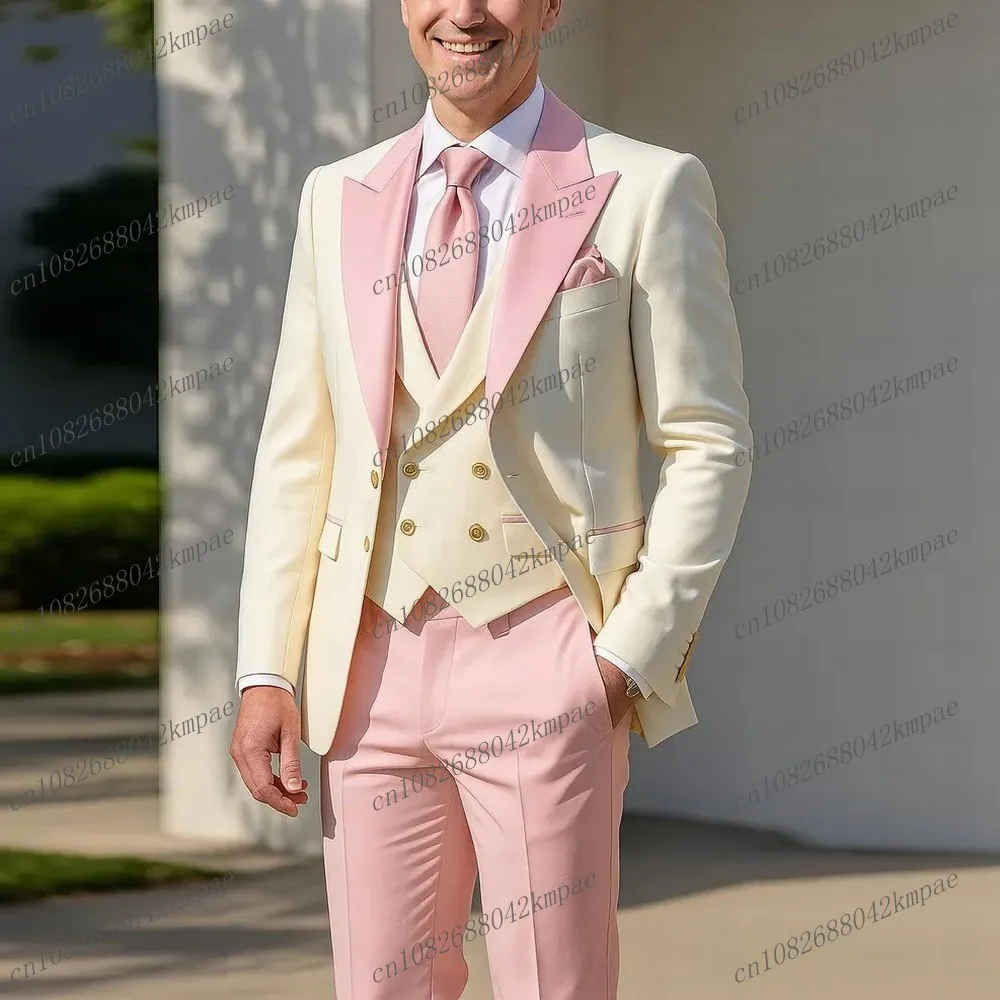 

New Ivory And Pink Formal Men Suit Groom Groomsman Wedding Party Prom Business Male Tuxedos 3 Piece Set Blazer Vest Pants